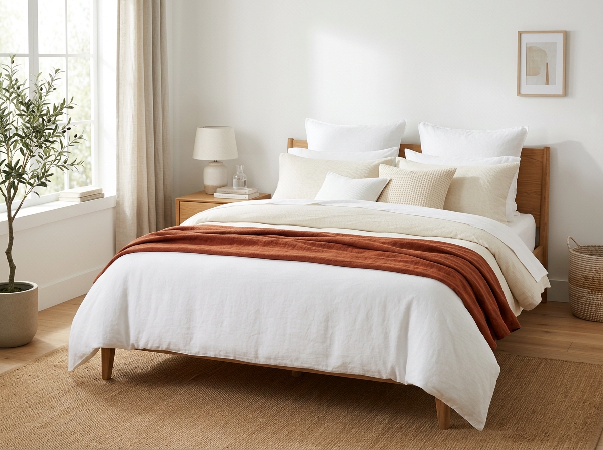 Cozy made bed with fresh bedding